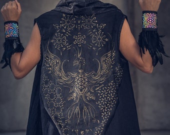 Phoenix Rising Laser Cut Vest - (Black/Gold)- Sacred Geometry Unisex Festival Clothing - Vegan Suede Cotton Vest