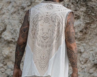 Kameleo Laser Cut Vest - Sacred Geometry Unisex Festival Clothing - Vegan Suede Cotton Vest- (White/Cream)