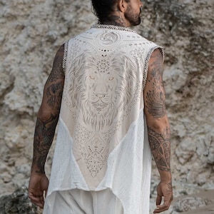 Kameleo Laser Cut Vest - Sacred Geometry Unisex Festival Clothing - Vegan Suede Cotton Vest- (White/Cream)