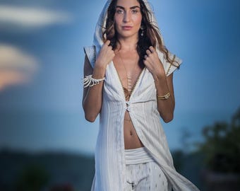 Galactic Goddess Robe (White/Gold) | White Boho Festival Ceremony Clothing