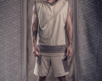 Ikigai Sleeveless Hoodie (Beige) | Men's Festival Sacred Geometry Clothing