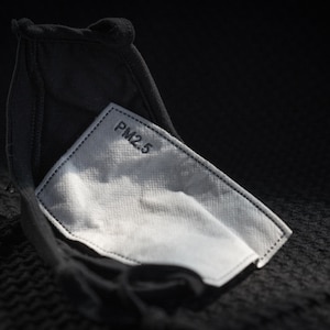 May include: A black face mask with a white PM2.5 filter insert. The filter is visible through the fabric of the mask.