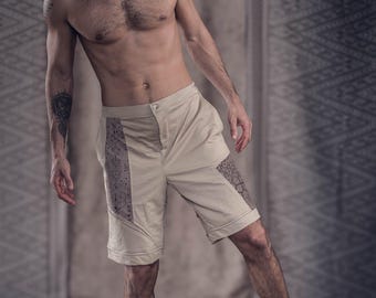 Ikigai Laser Cut Festival Shorts  (Beige) | Men's Cotton Festival Sacred Geometry Clothing