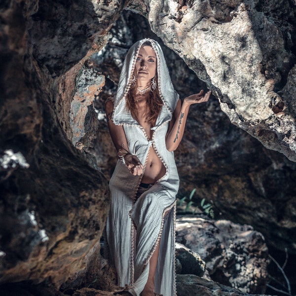 High Priestess Goddess Robe- Cotton Kundalini Ceremony Dress-Natural White Linen Dress- Tulum Ayahuasca Boho Fantasy Festival Costume