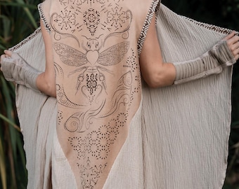 Bee Cosmic Laser Cut Vest (Beige) | Sacred Geometry Festival Linen Ceremony Clothing