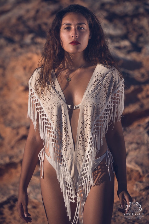 Laser Cut Boho Fringe Shawl- Vegan Suede - Cosmic Mandala Design- Gypsy Chic Tulum Ibiza Beach Cover Up Festival Costume