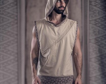 Ikigai Sleeveless Hoodie (Beige) | Men's Festival Sacred Geometry Clothing