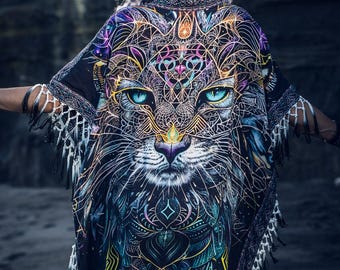 Cosmicat Fringe Poncho | Psychedelic Cat Bamboo Cotton Festival Poncho