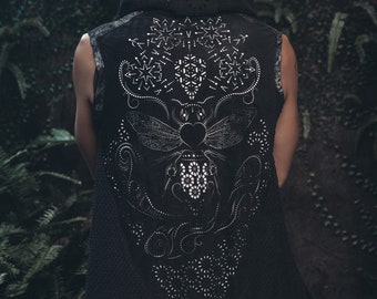 Bee Cosmic Laser Cut Vest - Black Vegan Suede - Sacred Geometry Art Festival Clothing- Black Light Reactive