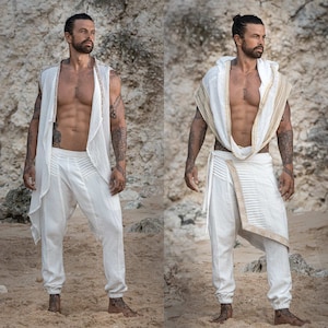 Arrakis Warrior Pants + Skirt Combo (White)  | Men&#39;s Cotton Festival Wedding Sacred Ceremony Boho Pants