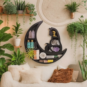 Crystal Cat Moon Wall Shelf, Spiritual Altar Decor, Witchy Crescent Shelf, Essential Oil Storage, Unique Gift, crescent shelf, altar shelf
