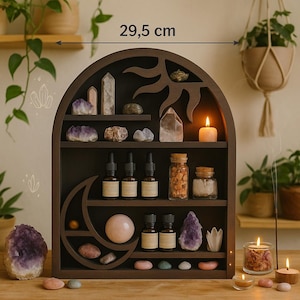 Moon Phase Wall Shelf, Crystal Shelves, Crystal Display, Witchy Boho Spiritual Altar Decor & Essential Oil Storage, Crescent shelf