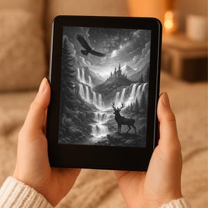 Puede incluir: Un lector electrónico negro que muestra un paisaje en escala de grises. La imagen presenta un águila majestuosa volando sobre cascadas, un castillo en la cima de una montaña y un ciervo sobre una roca. El tema general es la fantasía y la naturaleza.