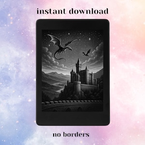 Könnte beinhalten: Schwarz-Weiß-Digitaldruck eines Schlosses mit zwei Drachen, die darüber fliegen. Das Bild wird auf einem schwarzen Tablet mit den Worten "sofortiger Download" und "keine Ränder" angezeigt. Der Hintergrund ist ein Farbverlauf aus Rosa, Lila und Blau.