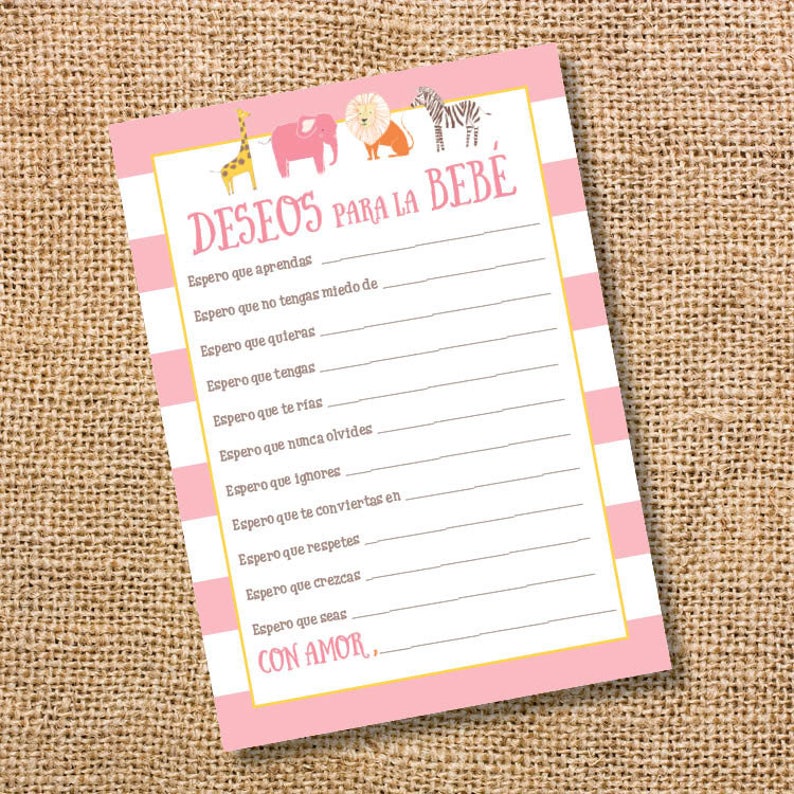 Deseos para la bebé Baby Shower niña Animales del safari Rosado Wishes for Baby Spanish Archivo