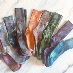 Ice dye crew socks, soft cotton tie dye slouchy socks, comfy hand dyed colorful socks, Women's Size L/XL, Men's Size M/L