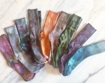 Ice dye crew socks, soft cotton tie dye slouchy socks, comfy hand dyed colorful socks, Women's Size L/XL, Men's Size M/L