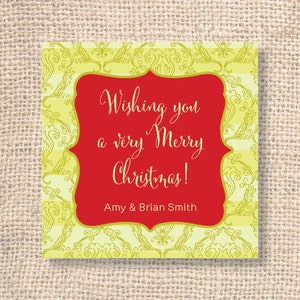 Boho Holiday Gift Tags Christmas Present Enclosure Cards Calling Cards Printable Lime Funky Damask Printable Personalized Christmas - Square