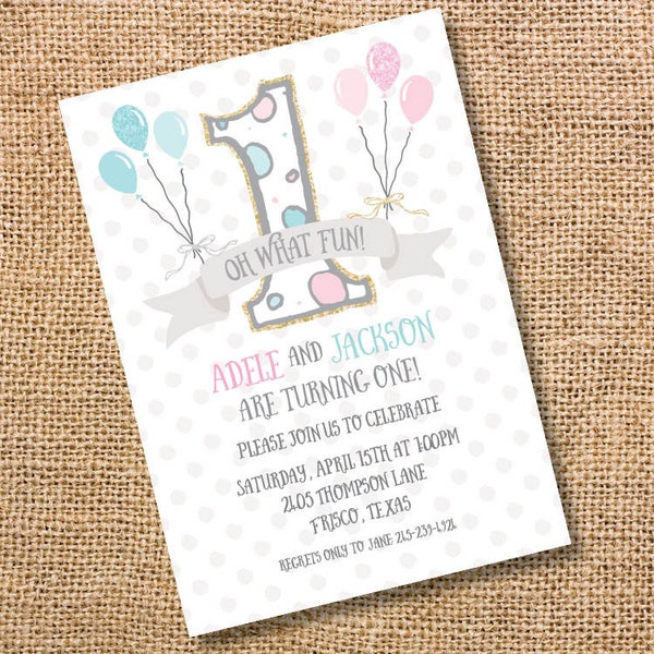 Twins Balloons Printable Invitation First Birthday Boy Girl Twins Invite Twin Boys 1st Birthday Invitation Twin Girls 1st bday invite