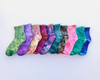 Tie dye ruffle socks, soft cotton ice dye boot socks, comfy hand dyed mid crew colorful socks, Women's Size Medium