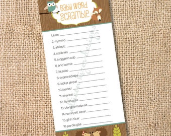 Woodland Baby Shower Game Forest Animals Owl Fox Baby Word Scramble Printable Baby Shower Accessories Baby Boy Twins - INSTANT DOWLOAD