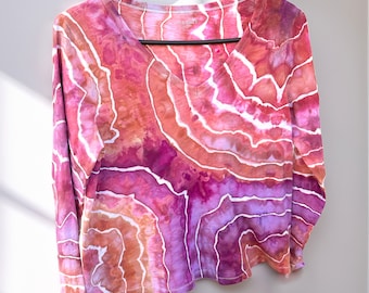 Hand dyed geode shirt, Women's tie dye v neck long sleeve shirt, Ice Dye Watercolor Coral and Purple Agate Top, size small