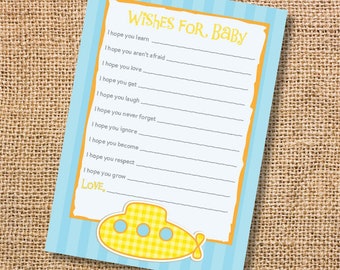 Wishes for Baby Game Blue Submarine Yellow Printable Baby Shower Baby Boy Twin Boys Blue Ocean Baby Wishes Advice Card INSTANT DOWLOAD