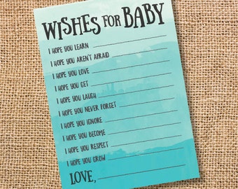 Wishes for Baby Teal Ombre Printable Baby Shower Baby Boy Twins Gender Neutral Turquoise Watercolor Baby Wishes Advice Card INSTANT DOWLOAD