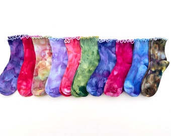 Tie dye ruffle socks, soft cotton ice dye boot socks, comfy hand dyed mid crew colorful socks, Women's Size Medium