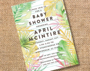 Könnte beinhalten: Eine tropisch gestaltete Babyparty-Einladung mit Aquarellblättern in Grün-, Gelb- und Rosatönen. Die Einladung enthält den Text "Bitte schließen Sie sich uns zu einer Babyparty zu Ehren von April McIntire an" und Details zur Veranstaltung, einschließlich Datum, Uhrzeit, Ort und RSVP-Informationen.
