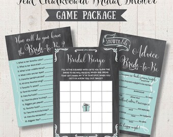 Chalkboard Bridal Shower Game Package Set Teal Bridal Bingo Game How Well Do You Know the Bride Bridal Shower Mad Libs Game INSTANT DOWNLOAD