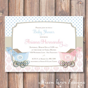 Elegant Boy Girl Twins Printable Invitation Vintage Carriages Boy & Girl Prams Old Fashioned Pink and Blue Gender Reveal Party Classic