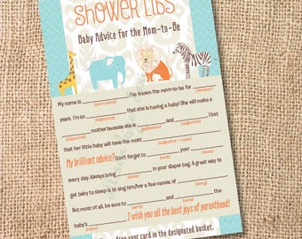 Ikat Safari - Printable Baby Shower Mad Libs Advice for the Mom-to-Be Boho Aqua Baby Boy Shower Zoo Animals Safari - INSTANT DOWNLOAD