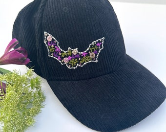 Corduroy Hat Hand Embroidered Floral Baseball Cap Black Halloween Bat Spooky Autumn Cosy Fall Handmade Ladies Hat Accessory Birthday Gift