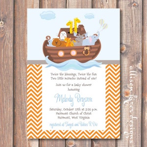Noah&#39;s Ark Twins Baby Shower Twin Boys Invite Orange Chevron Stripes Light Blue Baby Boy Printable Party Invitation
