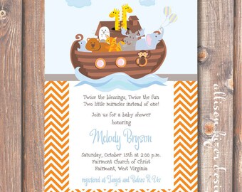 Noah&#39;s Ark Twins Baby Shower Twin Boys Invite Orange Chevron Stripes Light Blue Baby Boy Printable Party Invitation