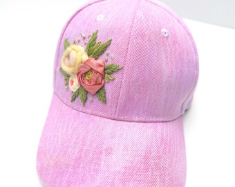 Hand Embroidered Hat Floral Baseball Cap Ice Dyed Hand dyed Pink Hat Rose Floral Hat
