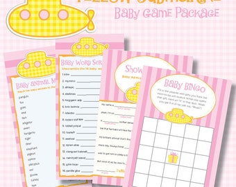 Baby Girl Game Package Set Submarine Yellow Pink Printable Baby Shower Games Baby Mad Libs Bingo Word Scramble Animal Match INSTANT DOWNLOAD