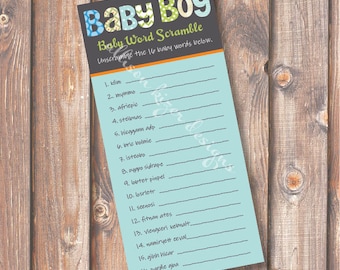 Funky Letters Baby Boy Baby Word Scramble Printable Baby Shower Game - INSTANT DOWLOAD