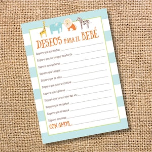 Desejos para o bebê Baby Shower niño Animales del safari celeste Wishes for Baby Espanhol Arquivo para Imprimir Juego INSTANT DOWNLOAD
