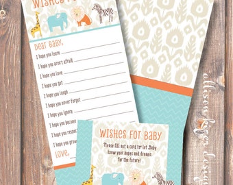 Baby Boy Safari Animals Baby Wishes Boho Chic Ikat African Safari Printable Wishes for Baby Game - INSTANT DOWLOAD