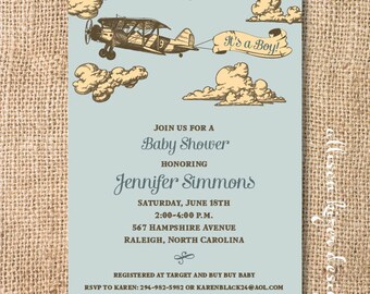Vintage Airplane Baby Boy Shower Invitation Printable It's a Boy Retro Invite Light Blue Airplane First Birthday Party Boy Up Up and Away