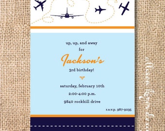 Hipster Airplane Kid's Birthday Printable Invite Airplane Baby Boy Invitation Navy and Light Blue & Orange Modern Baby Shower It's a Boy