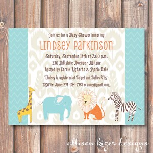 Boho Safari Animals Baby Shower Invitation Ikat Safari Printable Invitation Zoo Birthday Party Twins Baby Boy Lion Elephant Giraffe Aqua