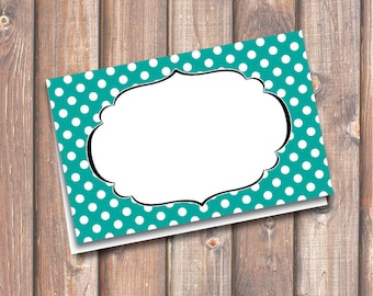 Turquoise and White Polka Dot Printable Food Tags or Placecards 3.5 x 2.25" Tent-Style Teal & White Place Cards Birthday - INSTANT DOWNLOAD