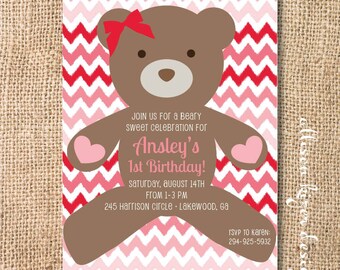 Pink & Red Chevron Bear Beary Sweet Printable Invitation