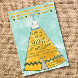Tribal Teepee Birthday Invitation Printable Watercolor Tribal Baby Boy Shower Invitation Boho Printable Invite Camping Party Tent Campout