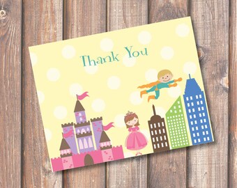 Superhero and Princess Folded Thank You Note Twins Birthday Party Thank You Printable Stationery - Fits A2 size envelope - INSTANT DOWNLOAD