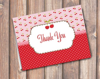 Cherry Folded Thank You Note Pink and Red Cherries Birthday Party Baby Shower Summer Baby Girl - Fits A2 size envelope - INSTANT DOWNLOAD