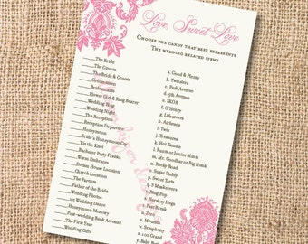 Printable Bridal Shower Game - Pink & Brown Damask Wedding Candy Match - INSTANT DOWLOAD